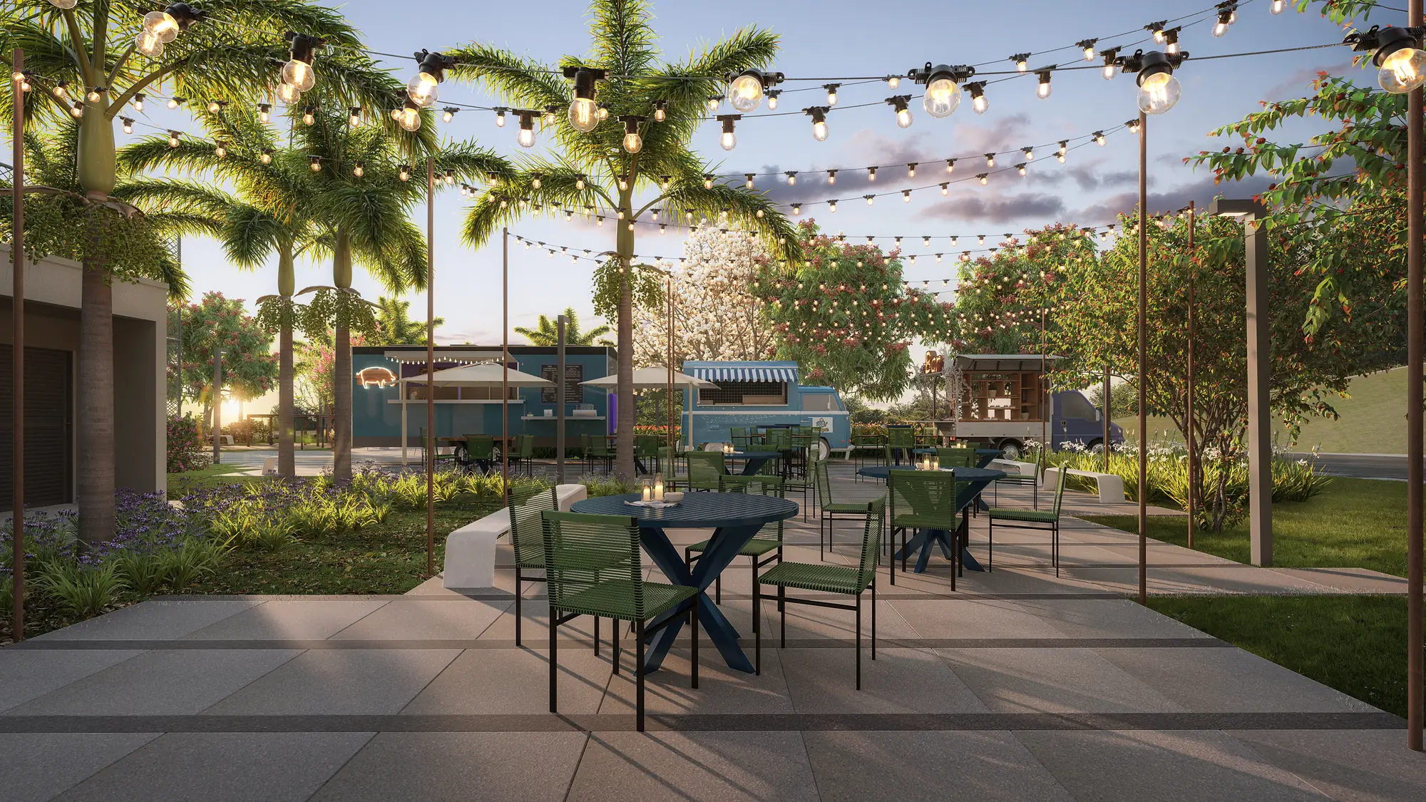 Espaço Food Truck ao entardecer