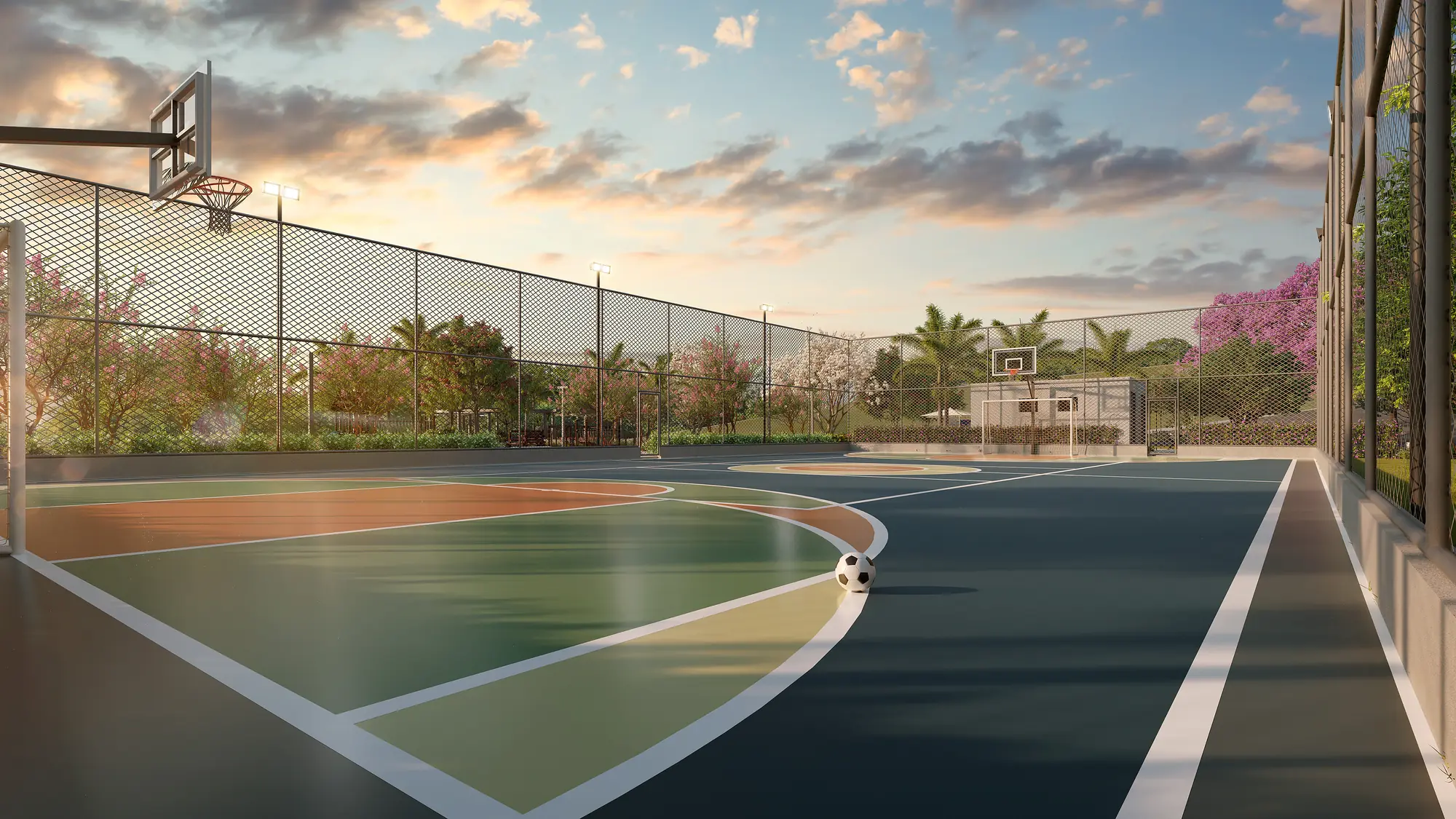 Quadra poliesportiva ao pôr do sol