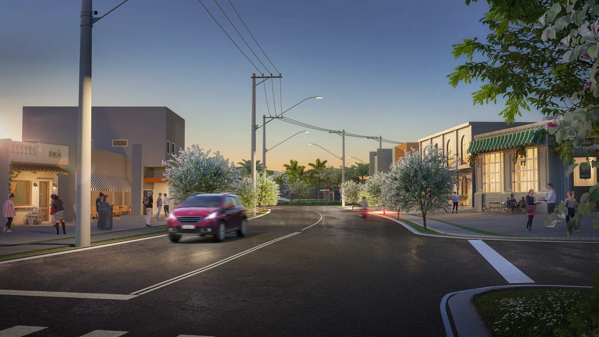 Boulevard comercial Origem Mogi — vista aérea com totem